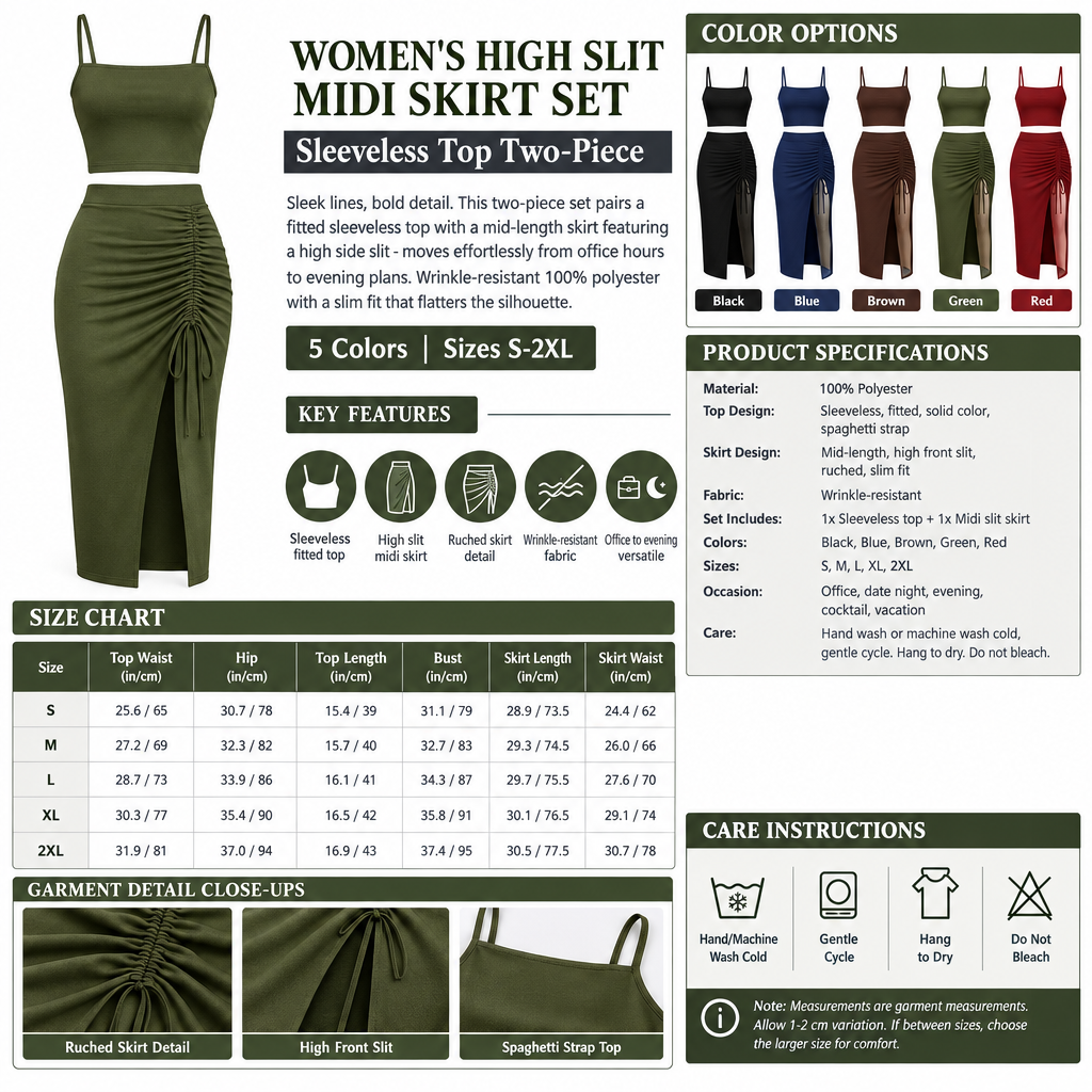 Women's High Slit Midi Skirt Set Infographic - No Model