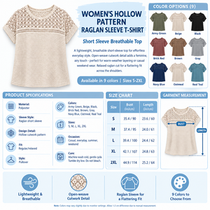 Women's Hollow Pattern Raglan T-Shirt Infographic - No Model