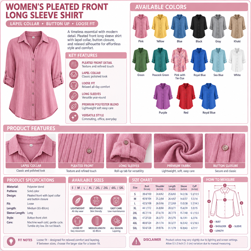 Women's Pleated Front Long Sleeve Shirt Infographic - No Model