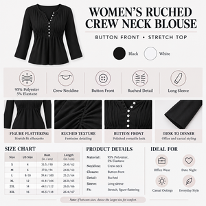 Women's Ruched Crew Neck Blouse Infographic