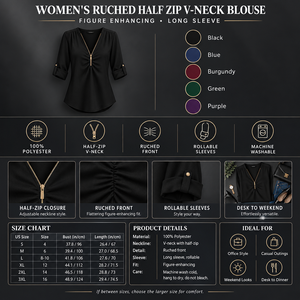 Women's Ruched Half Zip V-Neck Blouse Infographic
