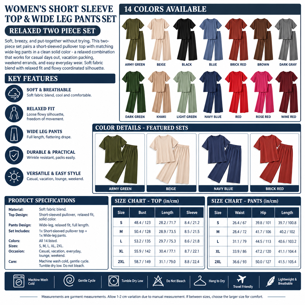 Women's Short Sleeve Top & Wide Leg Pants Set Infographic - No Model