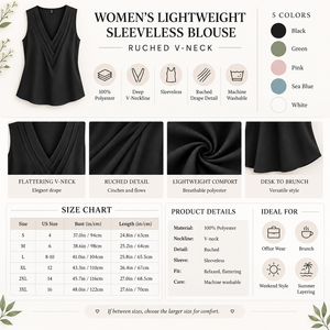 Women's Sleeveless Ruched V-Neck Blouse Infographic