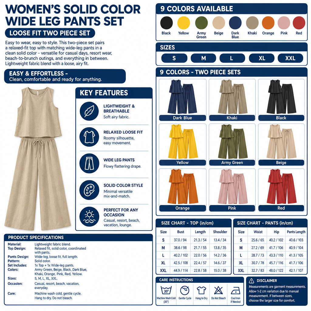 Women's Solid Color Wide Leg Pants Set Infographic - No Model