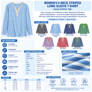 Women's V-Neck Striped Long Sleeve T-Shirt Infographic - No Model