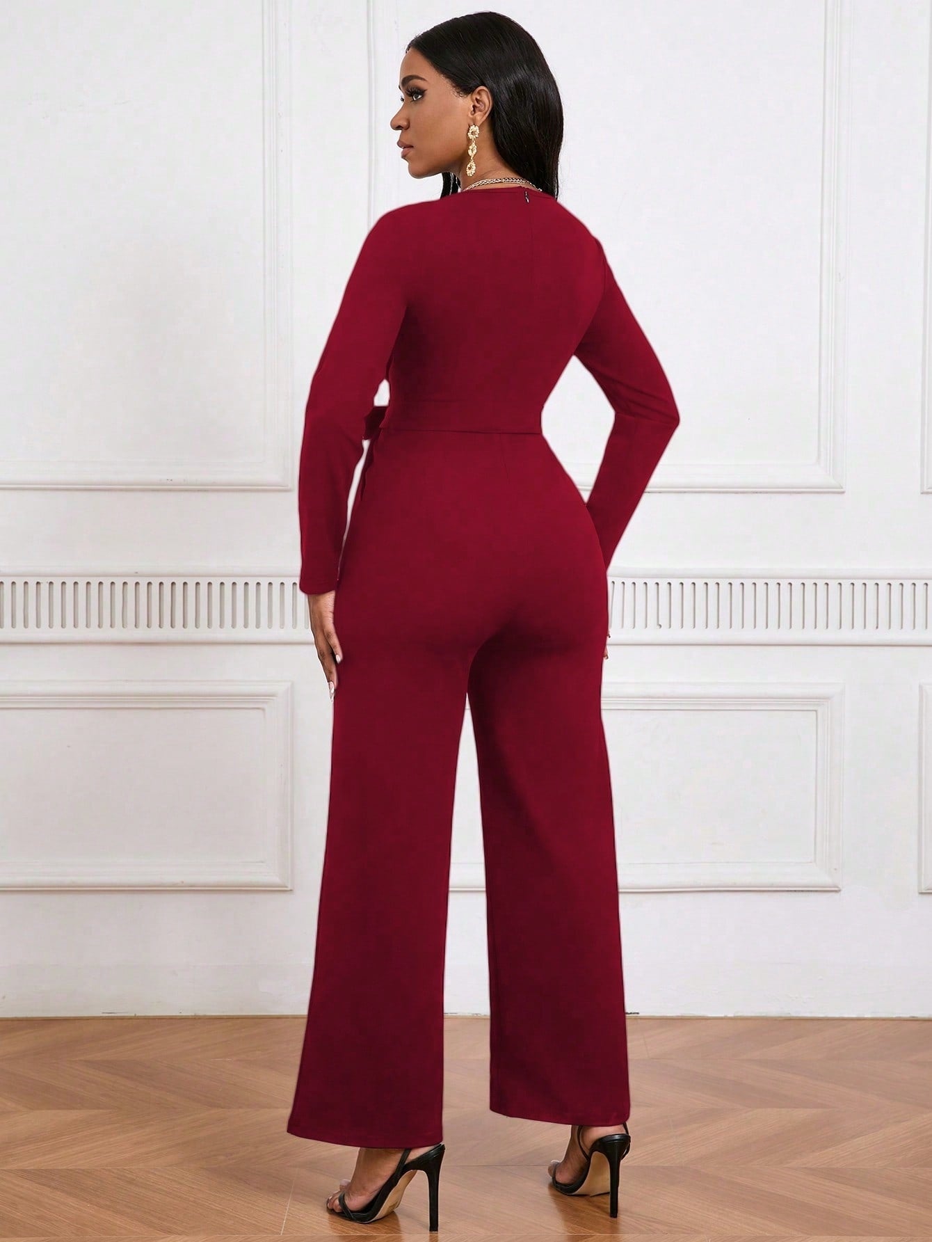 Women's V-Neck Jumpsuit | Long Sleeve Straight Leg Commuter Style