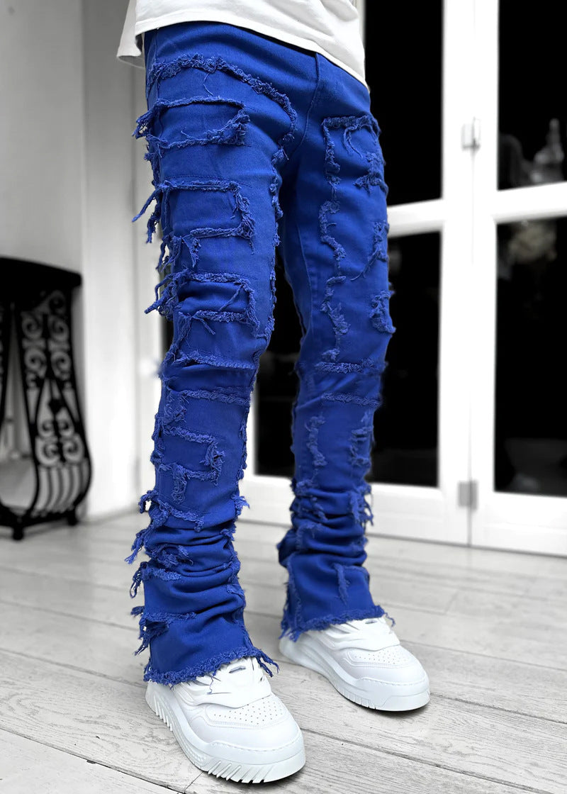 Men's Stacked Skinny Jeans | Patched Slim Fit Cotton Trousers
