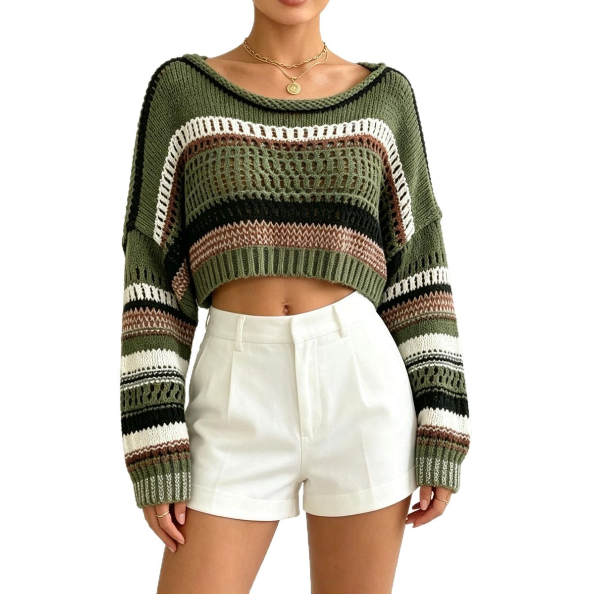 Women's Green Color-Block Sweater - Loose Fit Pullover