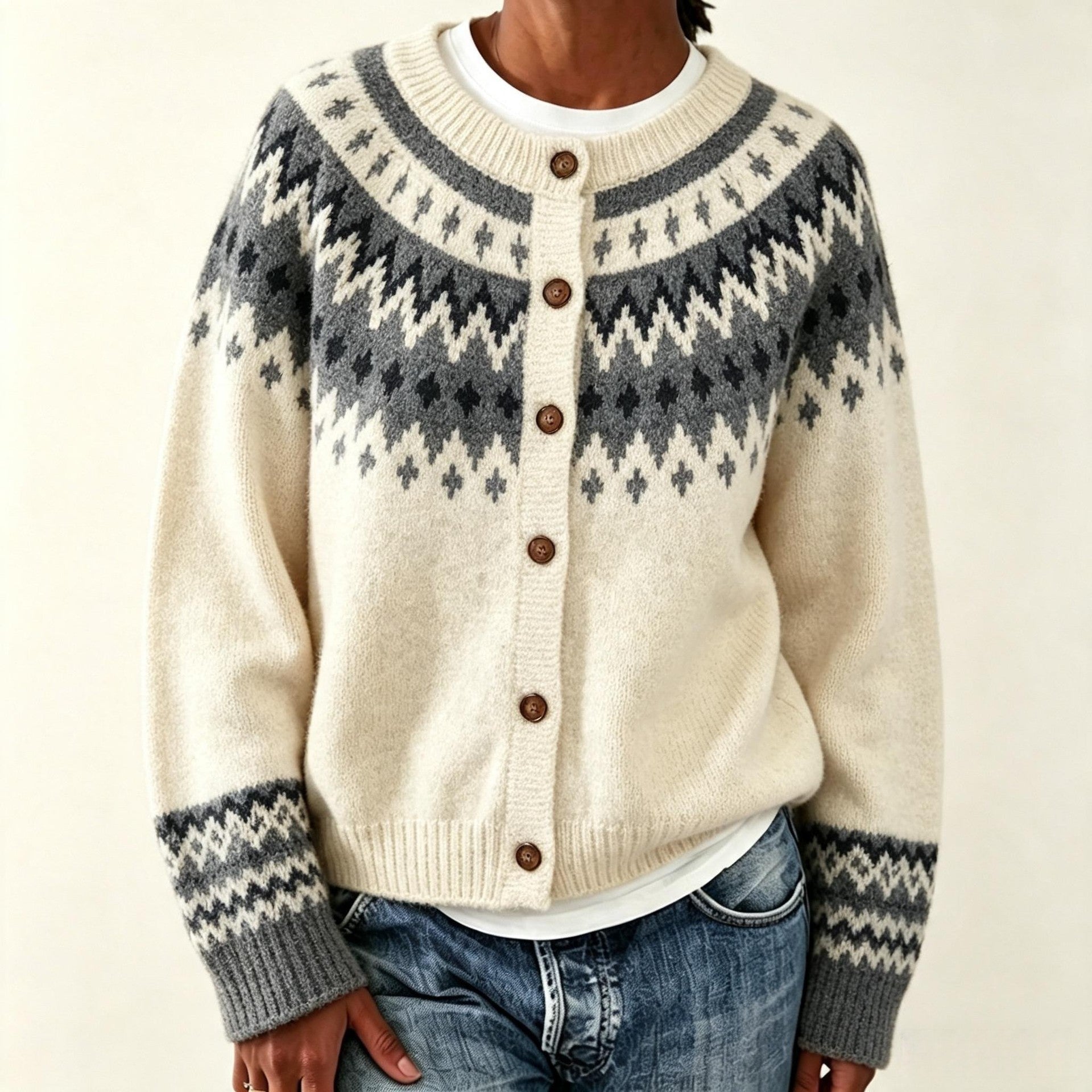 Women's Geometric Jacquard Cardigan - Loose Fit Button Front