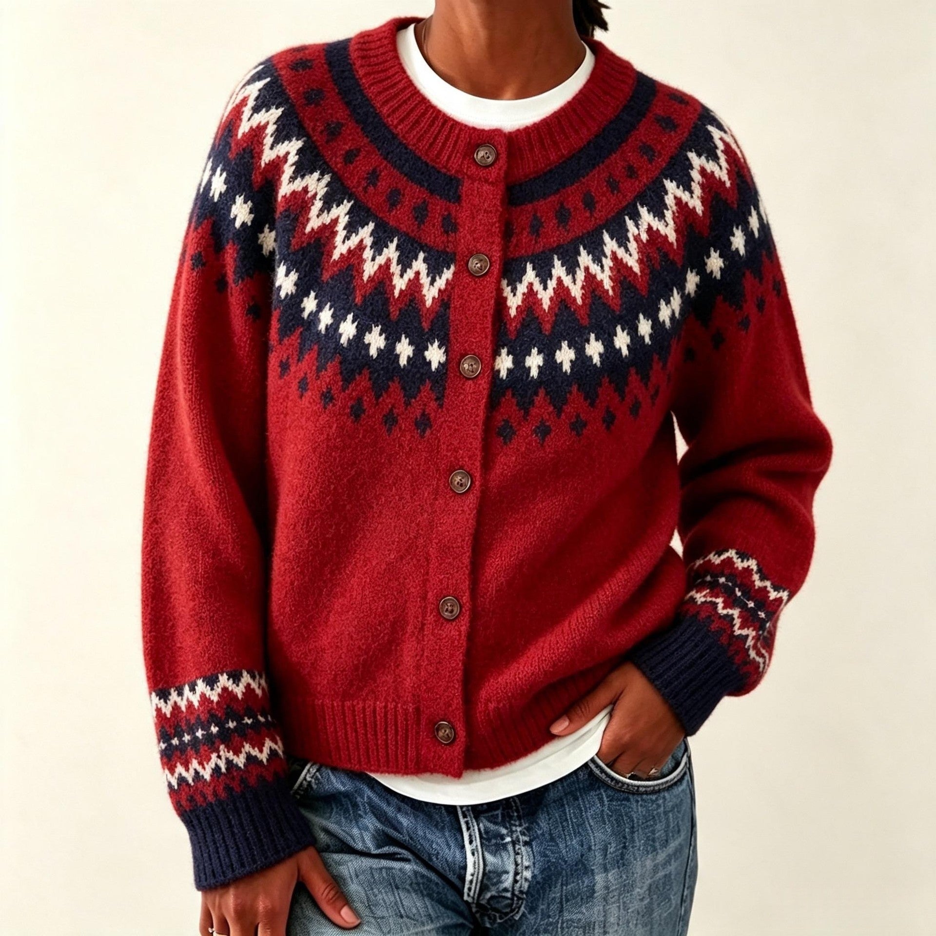 Women's Geometric Jacquard Cardigan - Loose Fit Button Front
