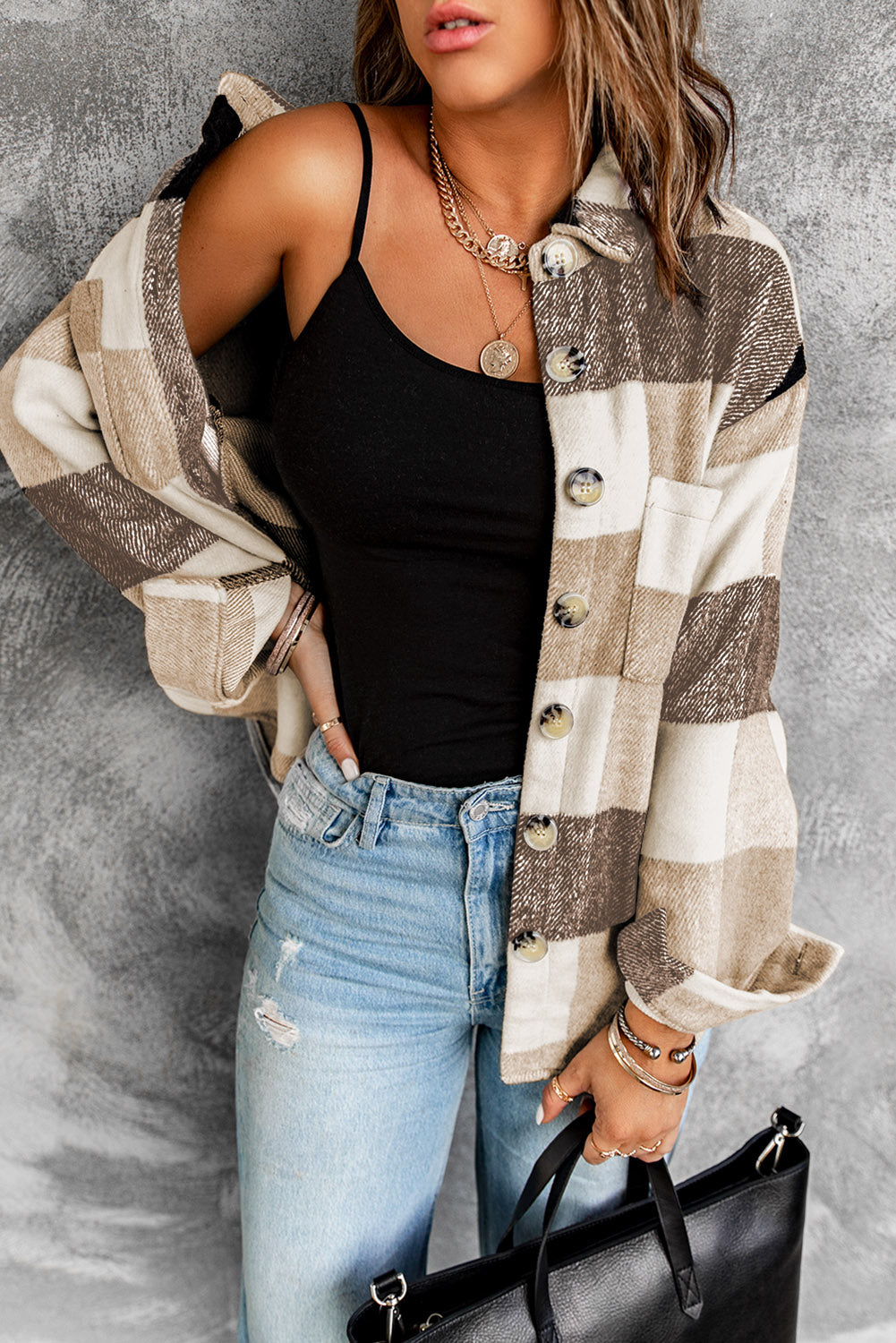 Women's Khaki Plaid Shacket | Color Block Button Front with Pockets