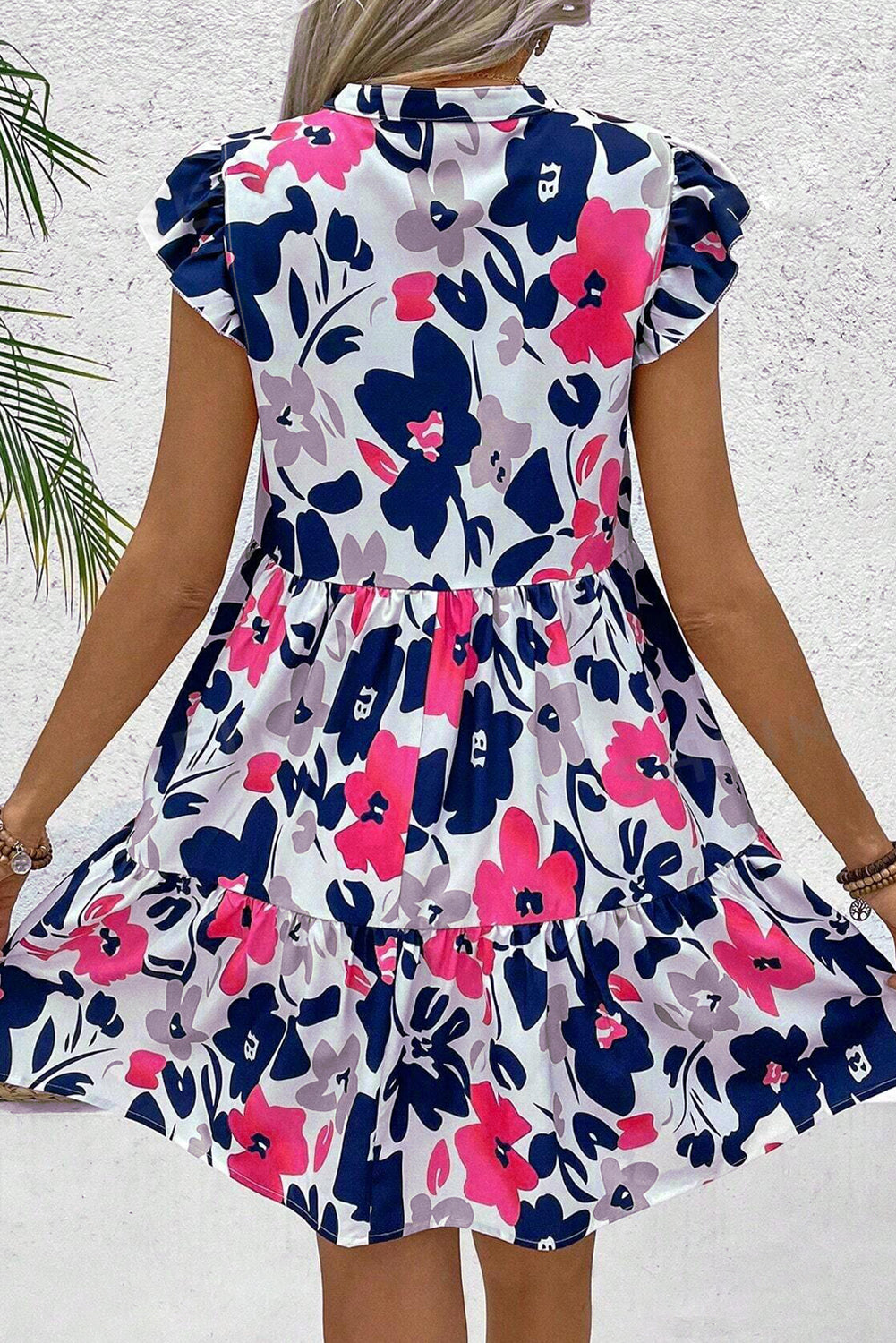 Women's Rose Floral Mini Dress | Notched Neck & Flutter Sleeves