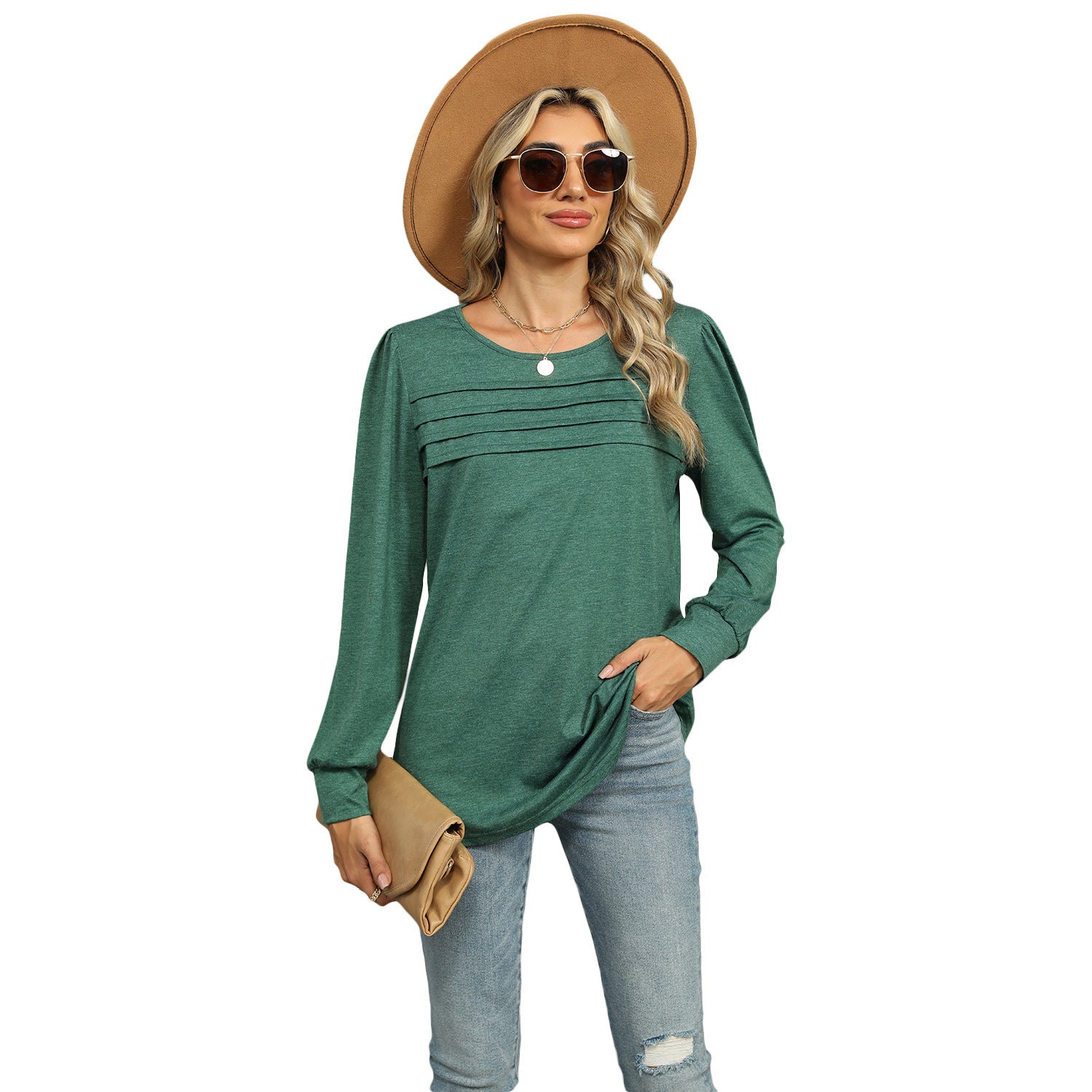 Women's Pleated Long Sleeve Solid Color Top