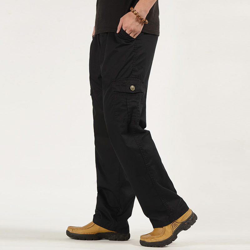 Men's Cotton Cargo Pants - Elastic Waist, Loose Straight Leg