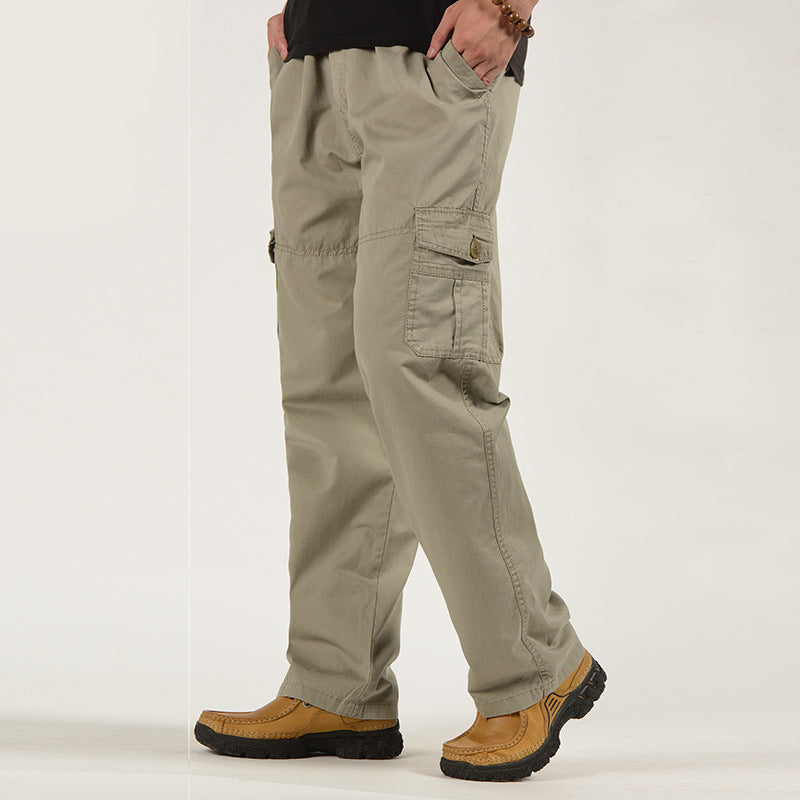Men's Cotton Cargo Pants - Elastic Waist, Loose Straight Leg
