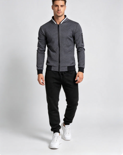 Men's Textured Zip Jacket & Black Pants Set - Six Colors