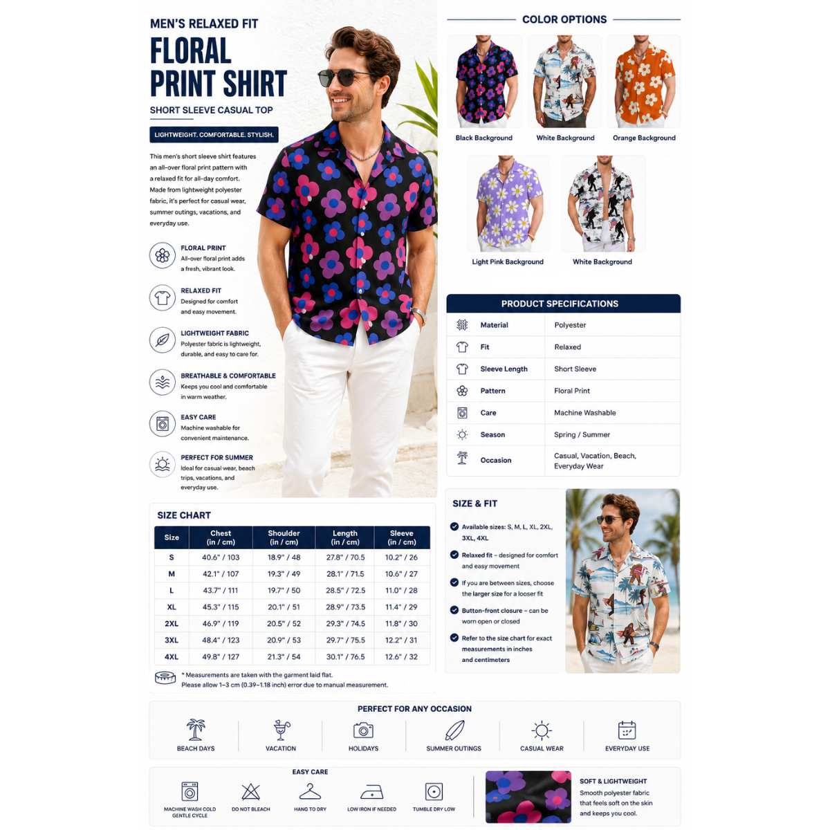 Men's Relaxed Fit Floral Print Shirt – Short Sleeve Casual Top