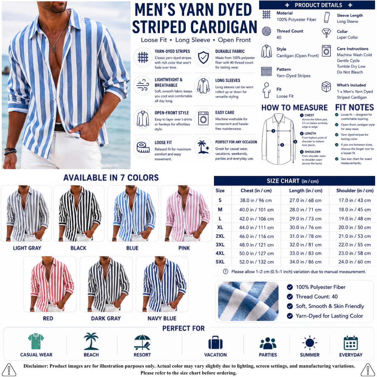 Men's Yarn Dyed Striped Cardigan – Loose Fit Long Sleeve Open Front