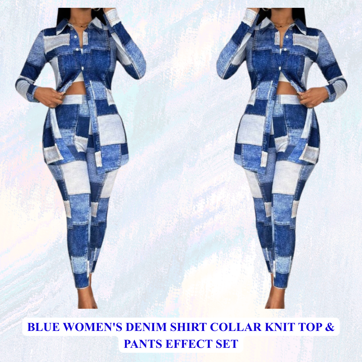 Women's Denim Shirt Collar Knit Top & Pants Effect Set
