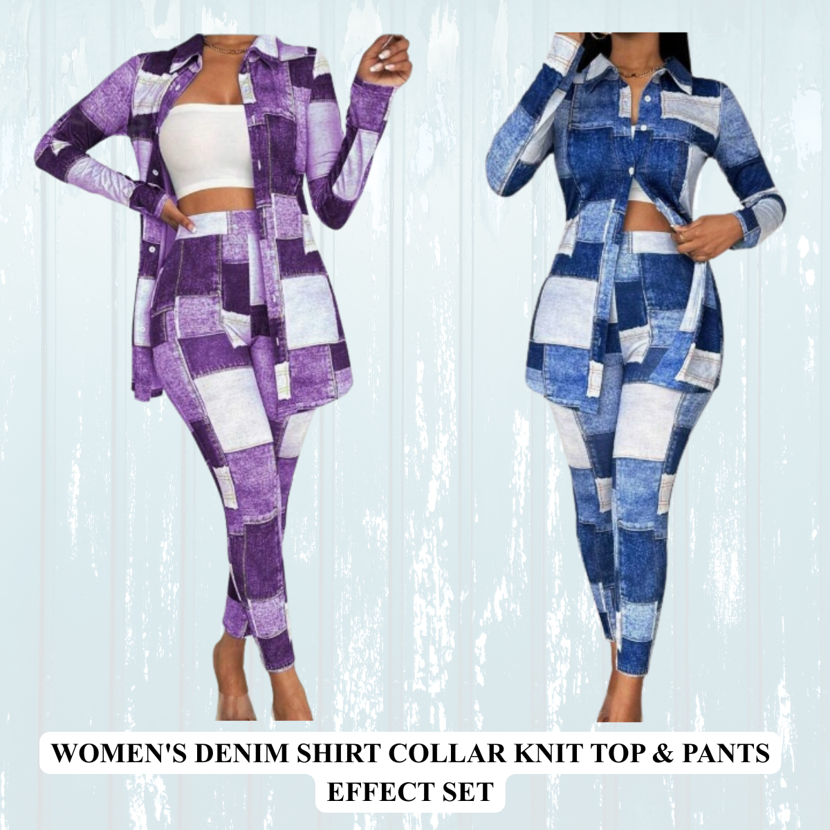 Women's Denim Shirt Collar Knit Top & Pants Effect Set