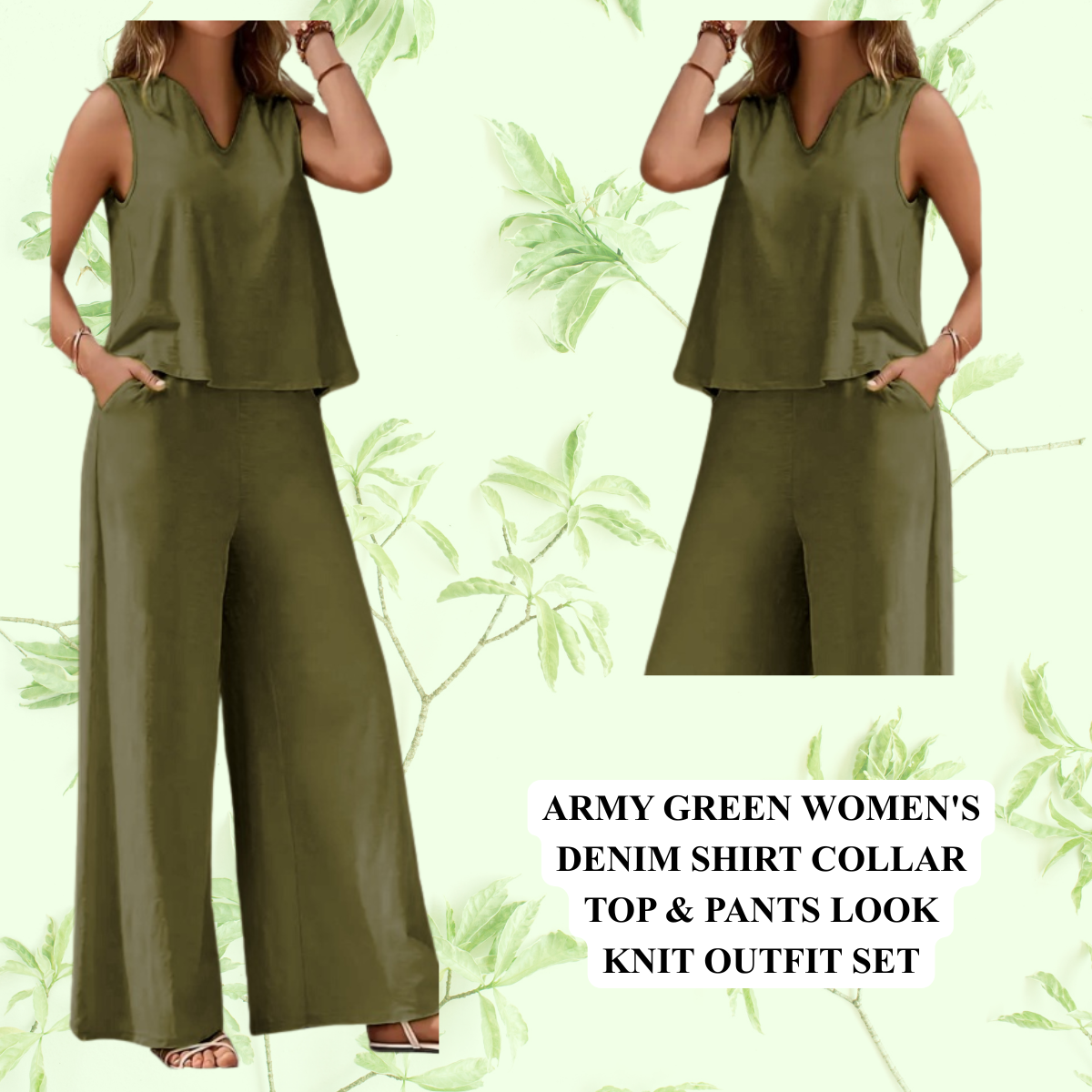 Women's Denim Shirt Collar Top & Pants Look Knit Outfit Set
