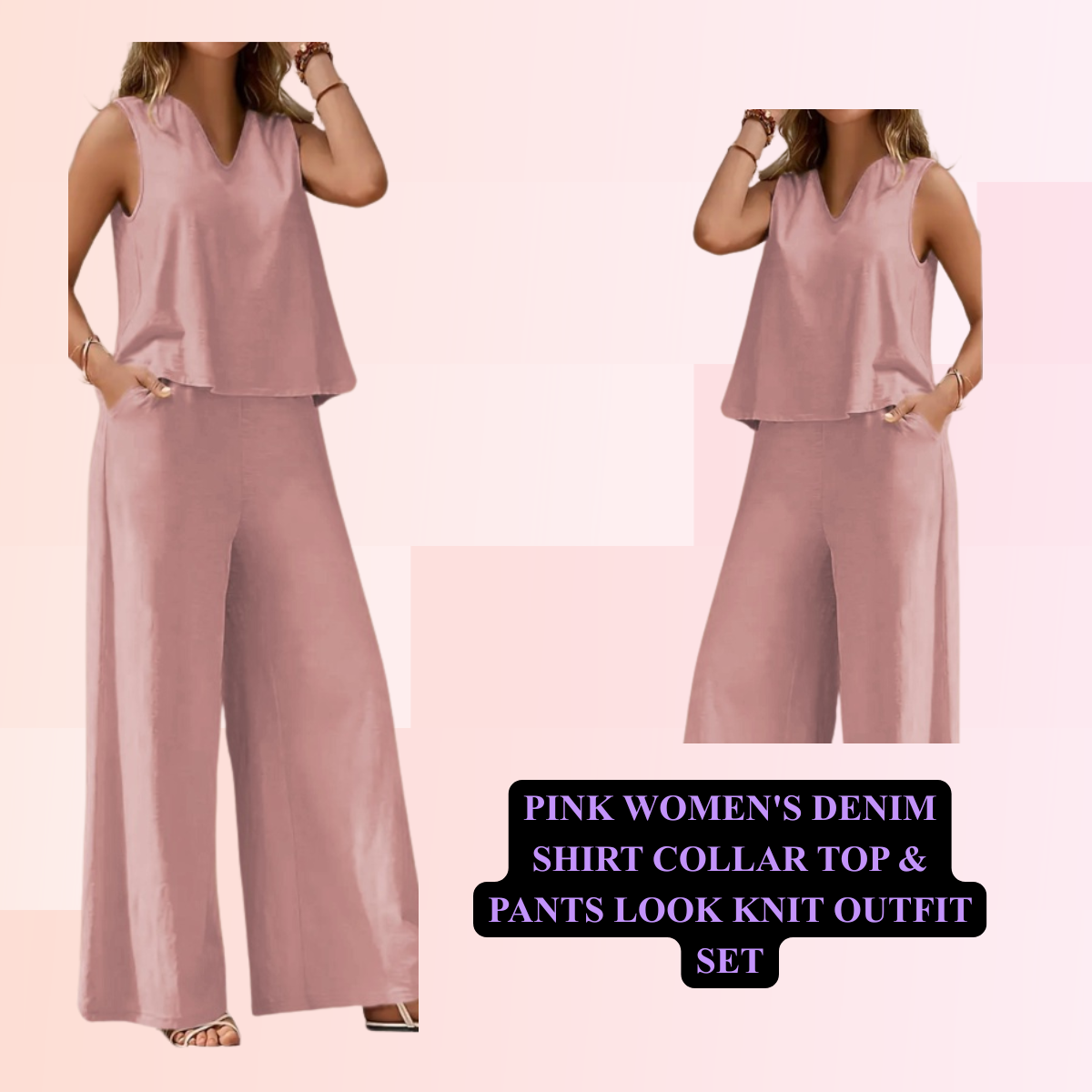 Women's Denim Shirt Collar Top & Pants Look Knit Outfit Set