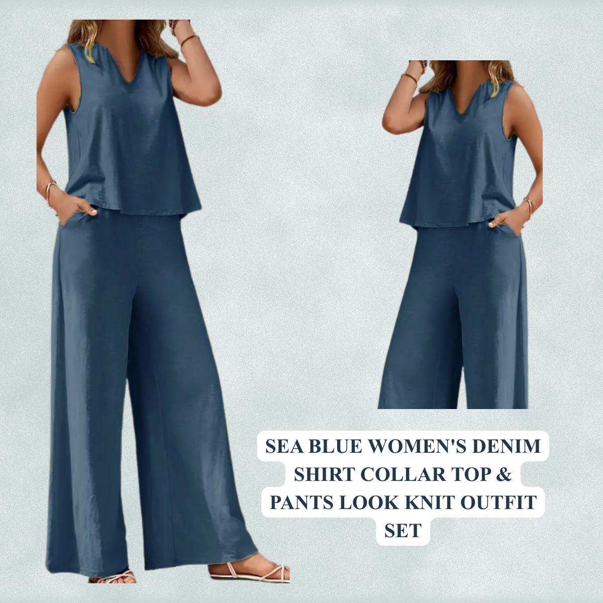 Women's Denim Shirt Collar Top & Pants Look Knit Outfit Set
