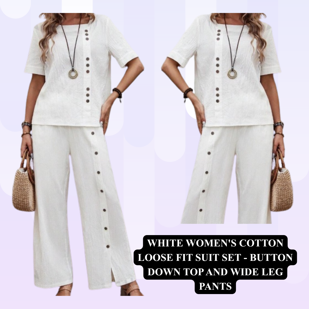 Women's Cotton Loose Fit Suit Set - Button Down Top & Wide Leg Pants