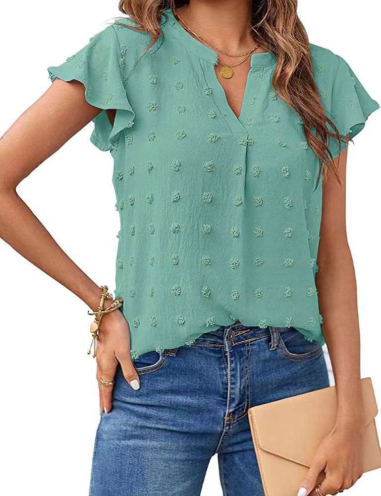 Women's V-Neck Ruffle Short Sleeve Chiffon Blouse