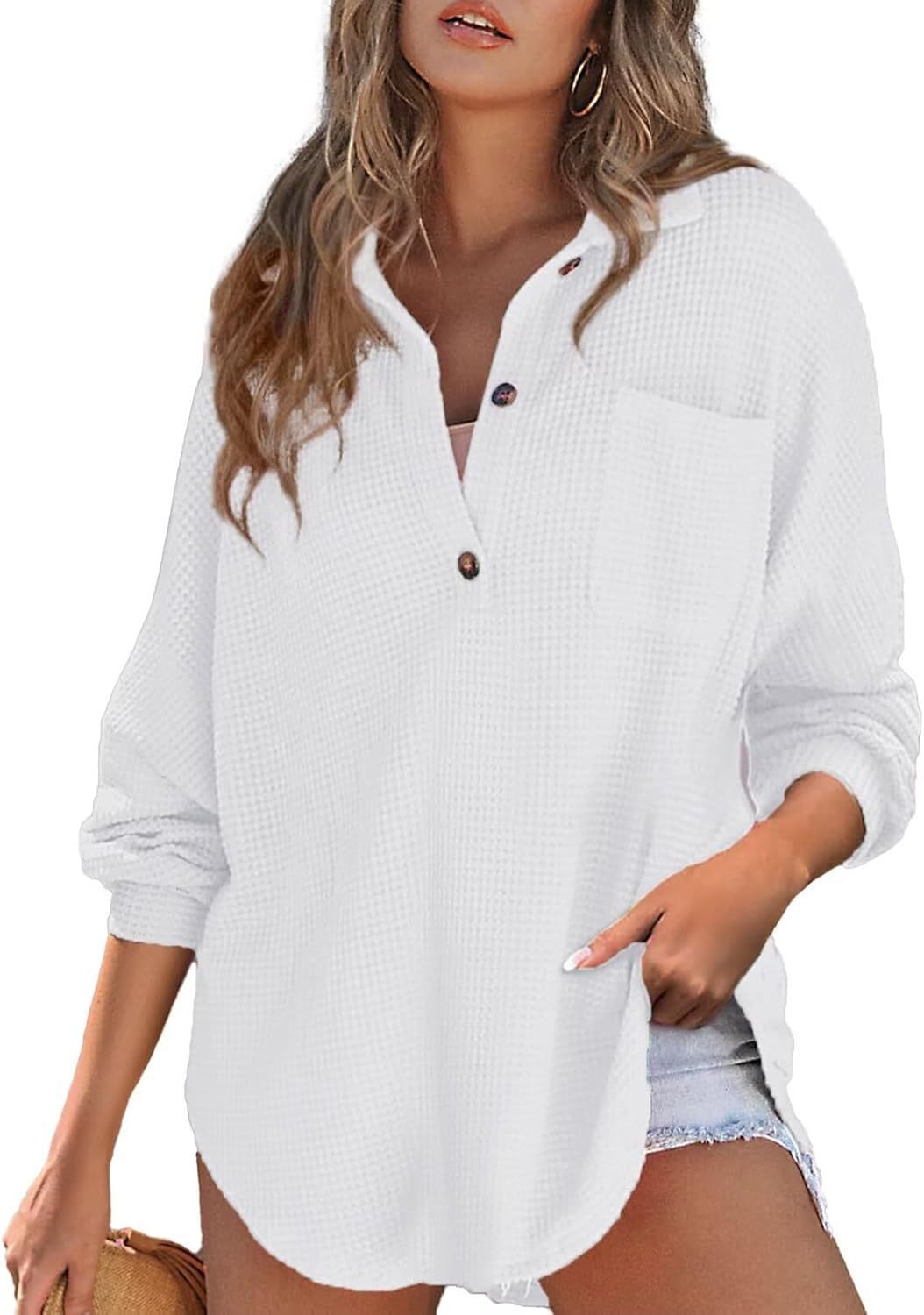 Women's Waffle Knit Loose Long Sleeve Top