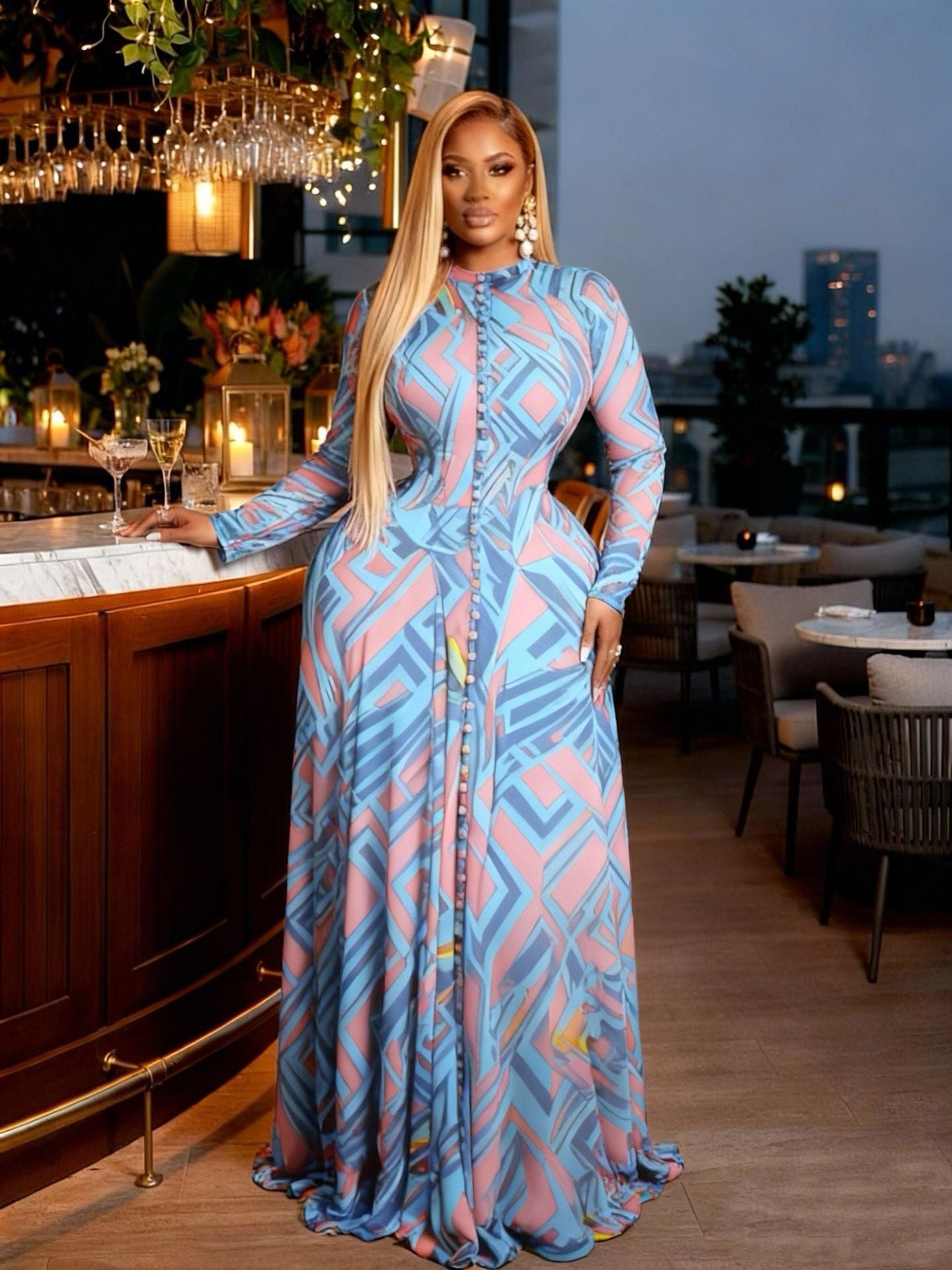 Women's Tie-Dye Print Mesh Maxi Dress - Long Sleeve Round Neck