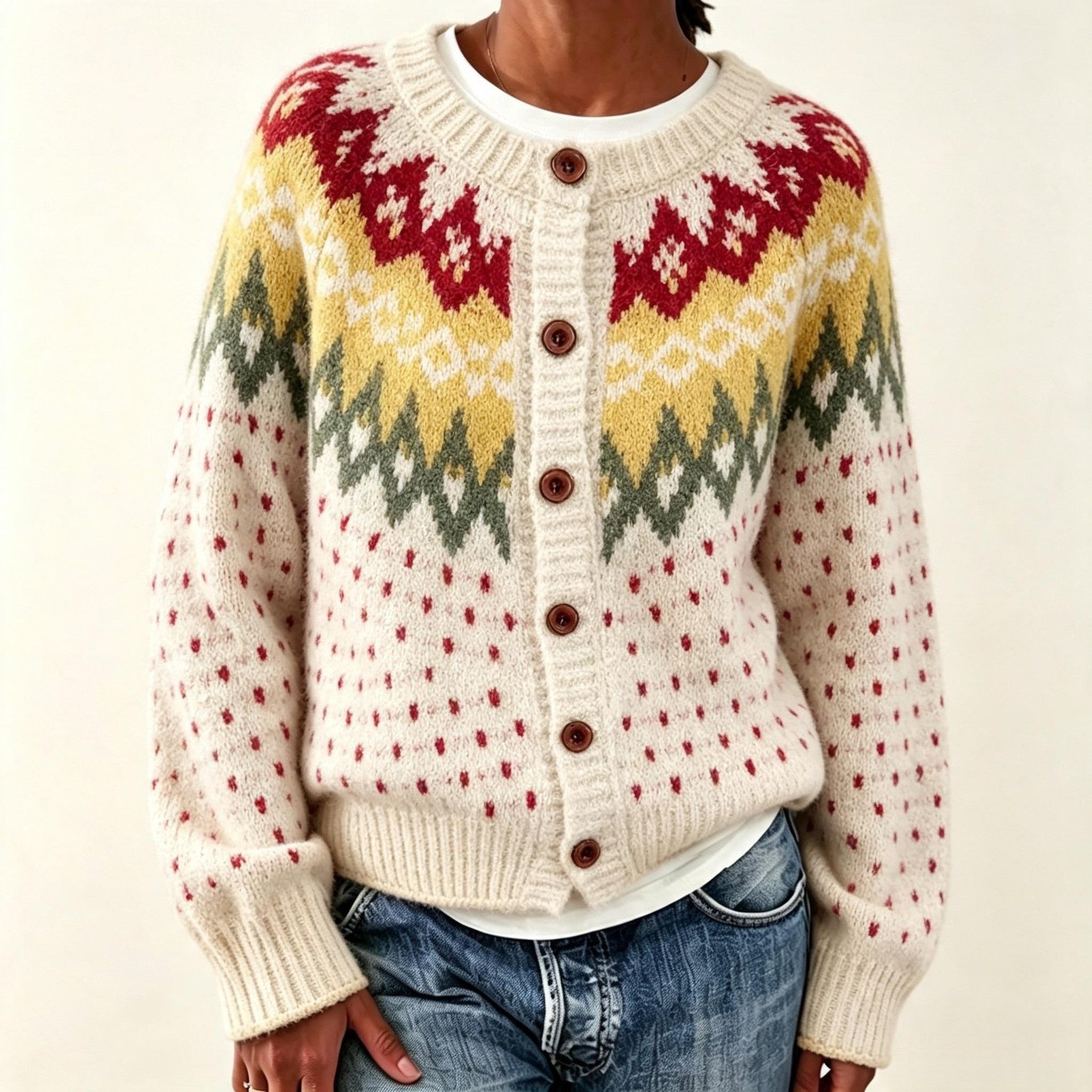 Women's Loose Fit Round Neck Sweater - Red or Apricot