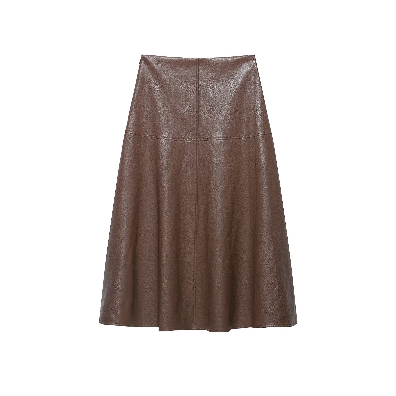 Women's Faux Leather Midi Skirt - Flared Panel Design