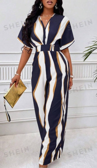 Women's Printed Jumpsuit | Batwing Sleeve & V-Neck Romper
