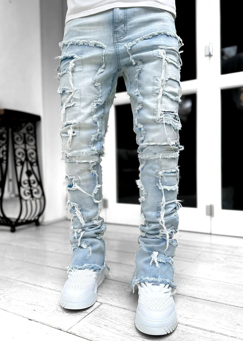 Men's Stacked Skinny Jeans | Patched Slim Fit Cotton Trousers