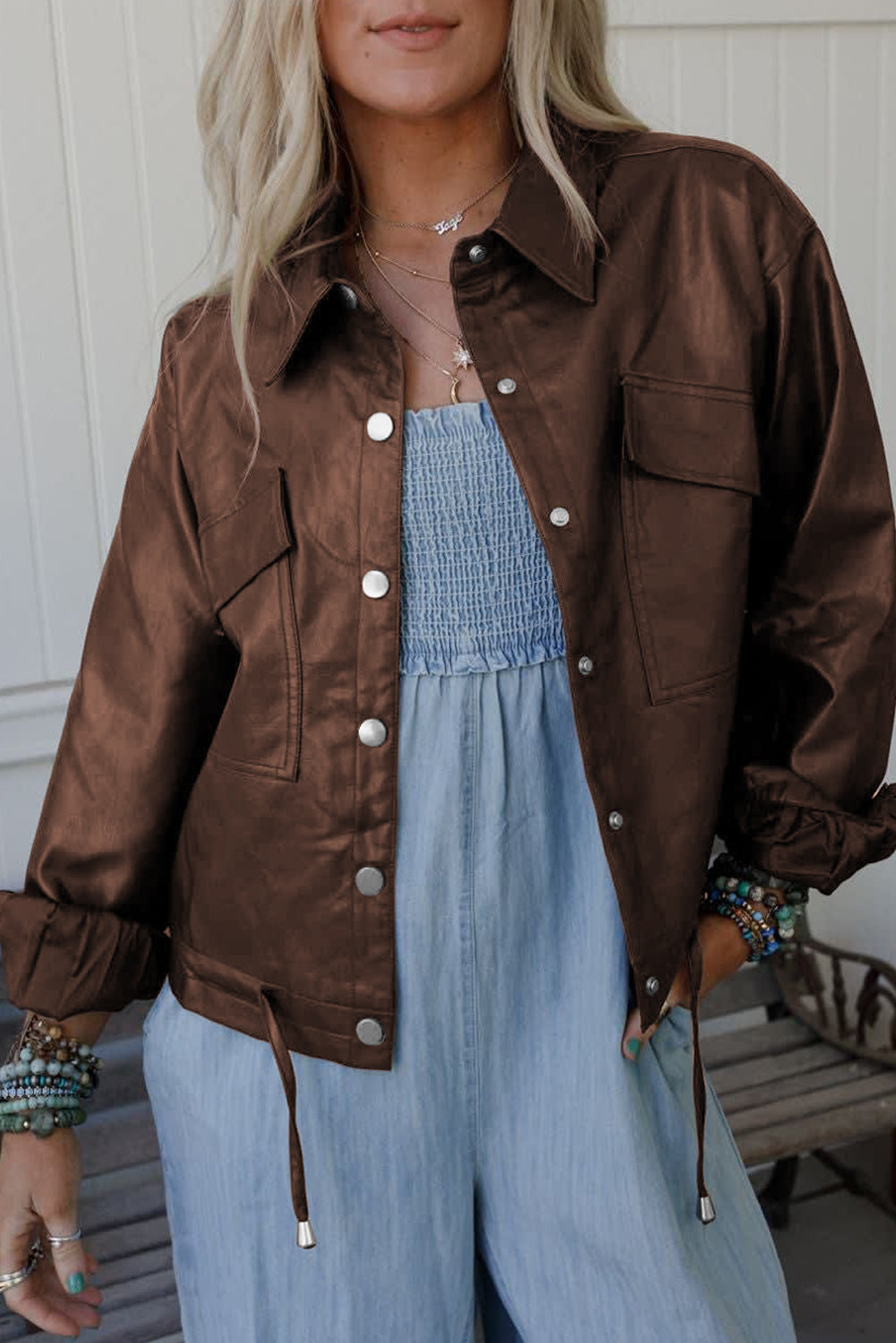 Women's Chicory Brown Jacket | Leather Style with Drawstring Hem