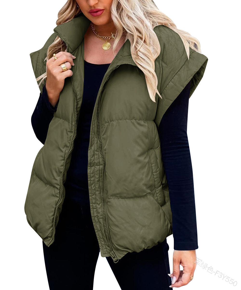 Women's Solid Color Quilted Vest | Stand Collar Zip Pocket Coat