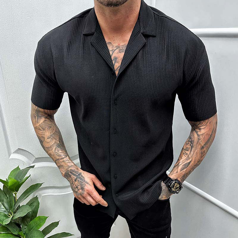 Men's Short Sleeve Cardigan | Solid Color Cotton Blend Shirt