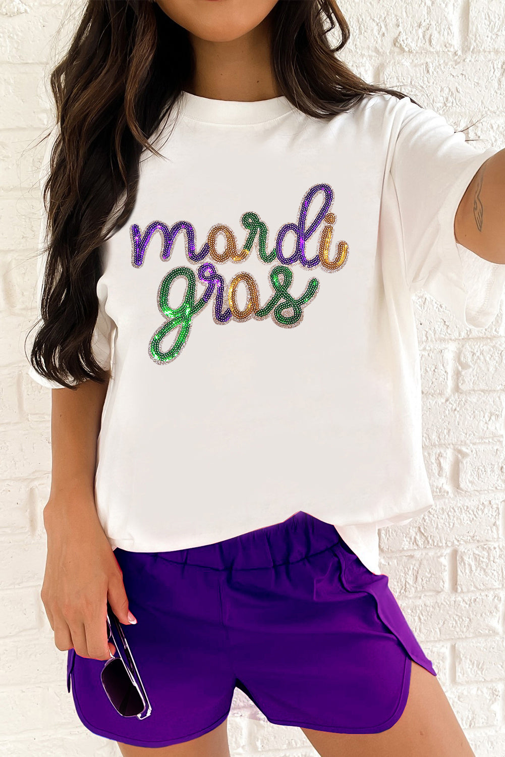 Women's White Sequin Mardi Gras Tee | Letter Print Crewneck Shirt