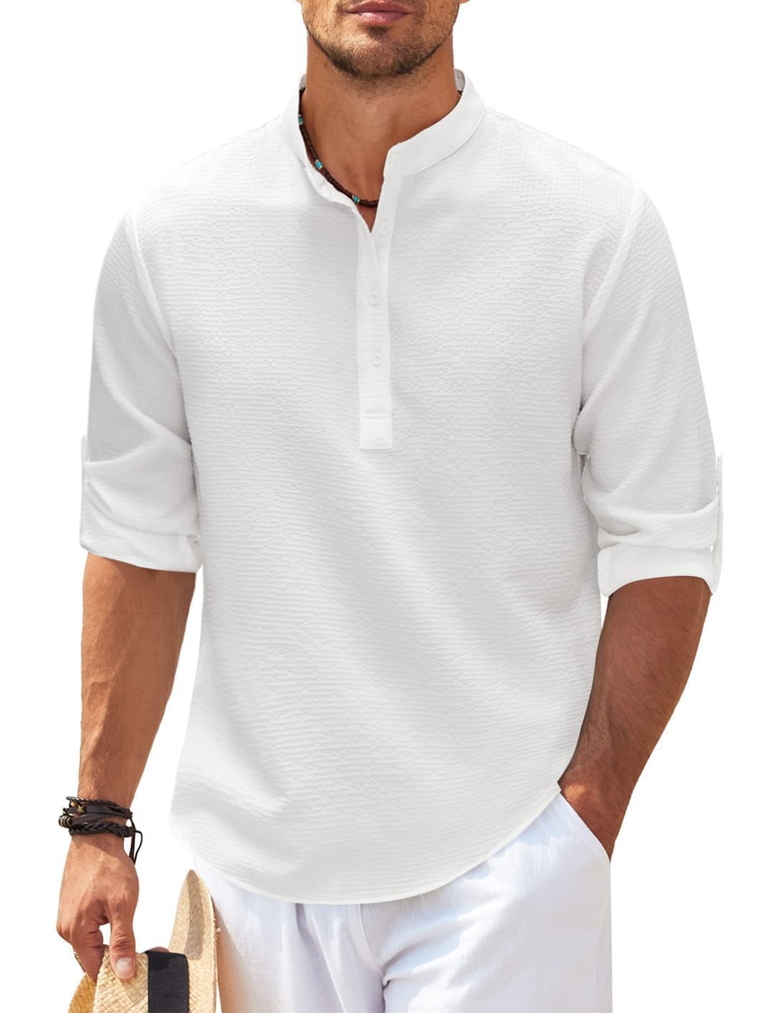 Men's Stand Collar Shirt | Long Sleeve Casual Pullover Top