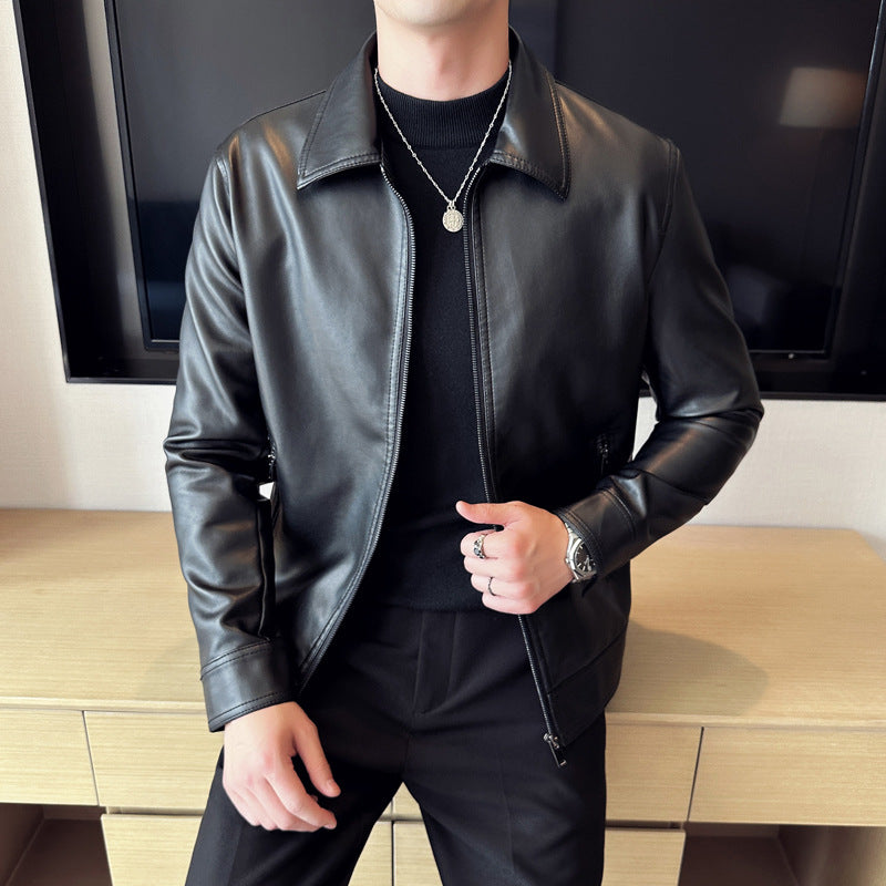 Men's Slim Fit Faux Leather Jacket - Lapel Collar Zip Pocket Casual Coat