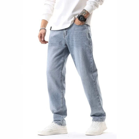 Men's Washed Blue Cotton Jeans - Straight Fit, Mid Rise