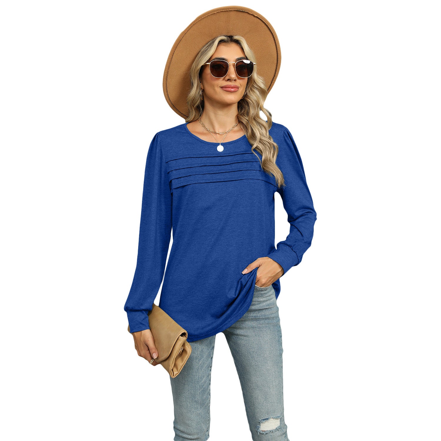 Women's Pleated Long Sleeve Solid Color Top