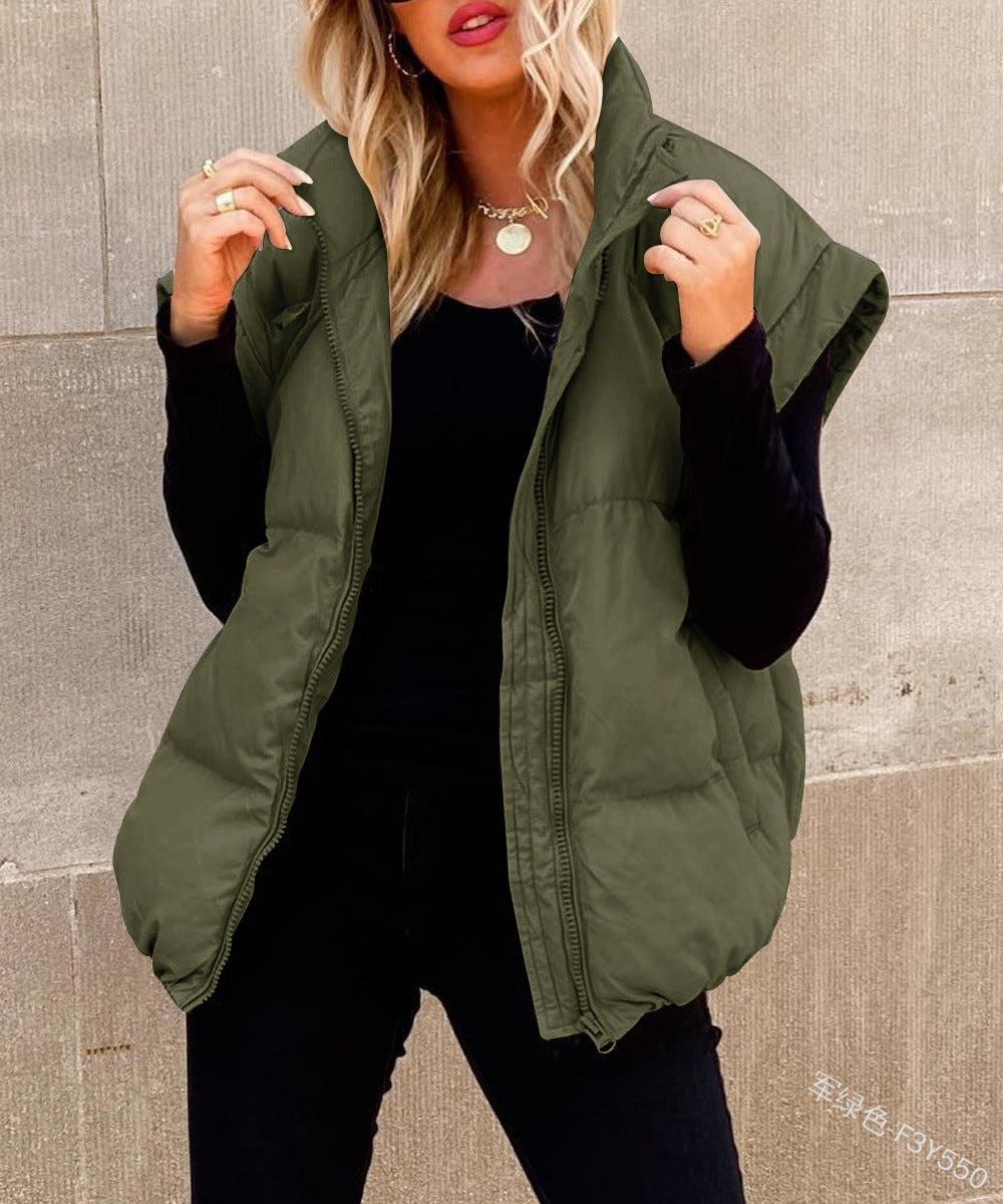 Women's Solid Color Quilted Vest | Stand Collar Zip Pocket Coat