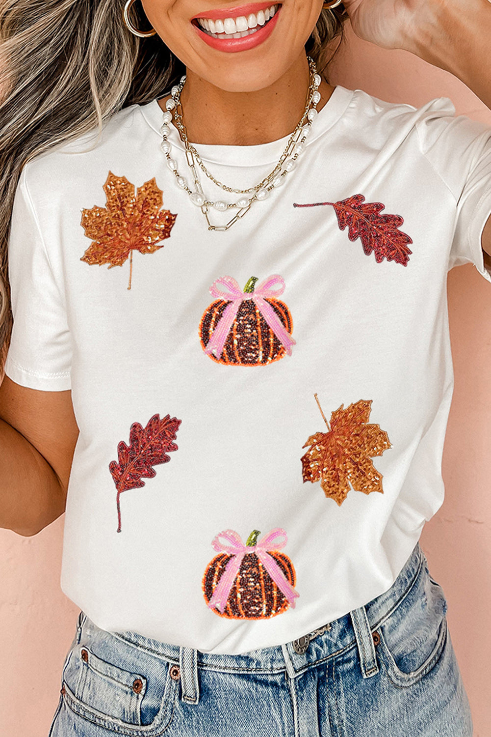 Women's White Fall Graphic Tee | Pumpkin Leaves Sequin Patch Design