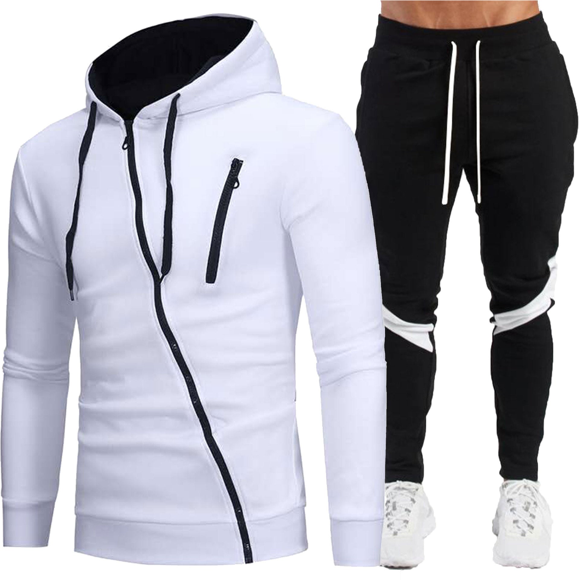 Men's Diagonal-Zip Hooded Jacket & Black Pants Set