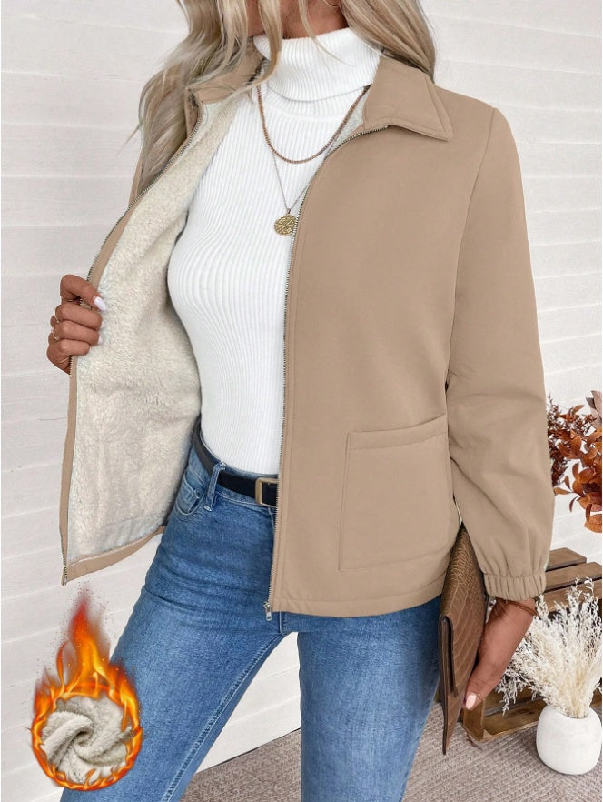 Women's Solid Color Fleece Jacket | Casual Zip-Up Autumn Winter