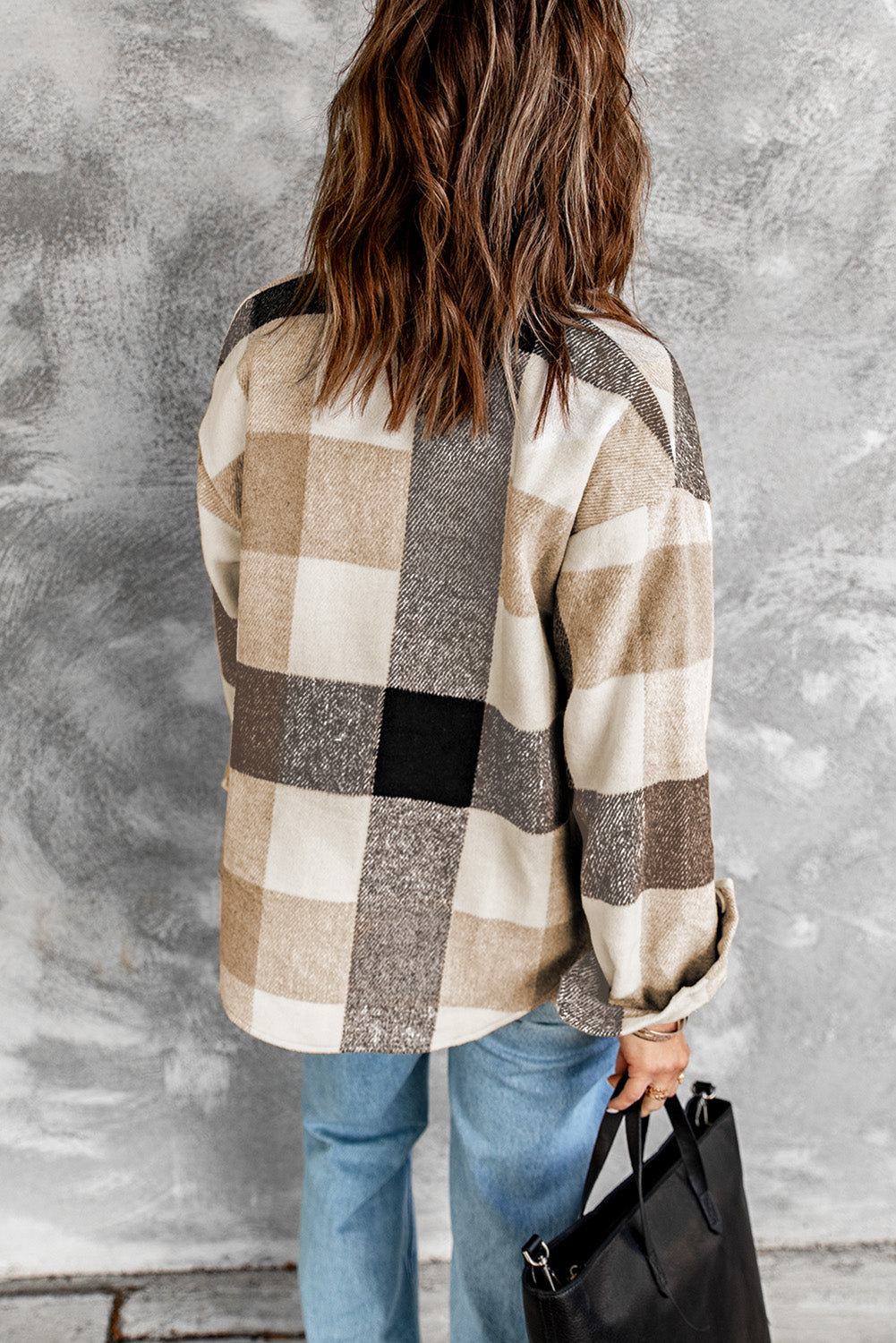 Women's Khaki Plaid Shacket | Color Block Button Front with Pockets