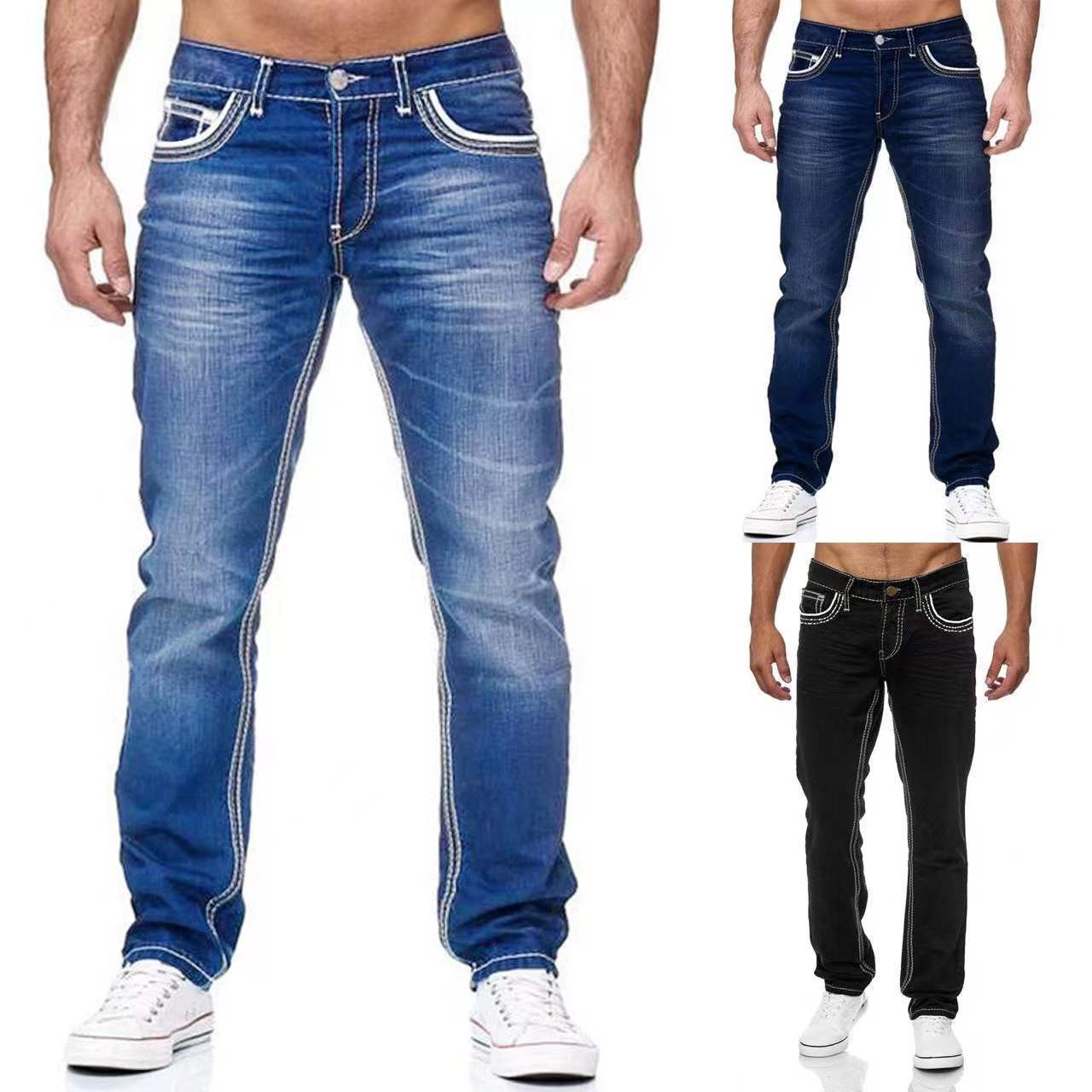 Men's Straight Leg Jeans | Business Casual Cotton Pants with Pockets