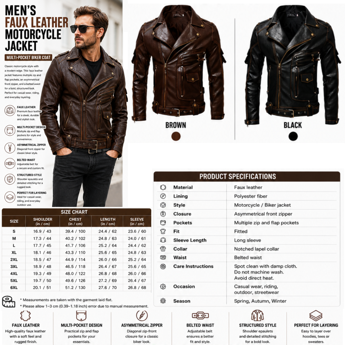 Men's Faux leather Cardigan Jacket – Open Front Multi-Pocket Coat